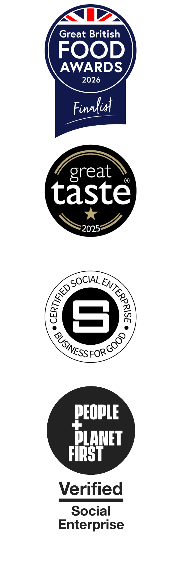 Image showing awards received by Real Jam and Chutney Company. Includes Great British food Awards Finalist 2026, and Great Taste 2025